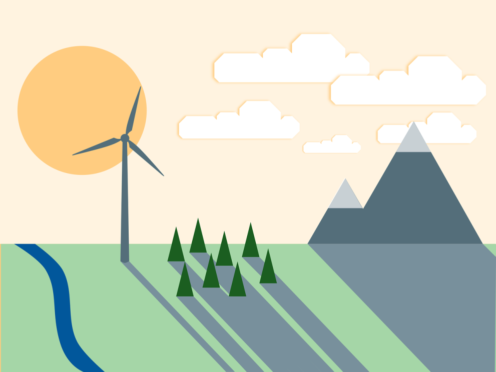 Image of a field with a draw of a mountain, sun, tres, solar wind, and a river