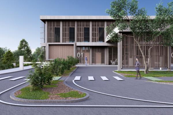 Rendered image of how the building will look once constructed, with people and plants also included.